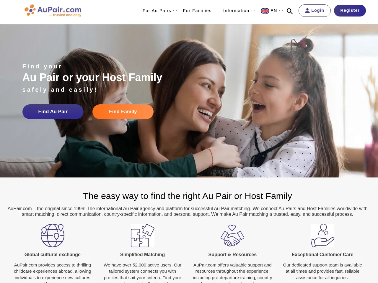 AuPair.com job board platform screenshot showing job search interface