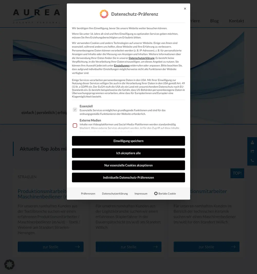 Aurea GmbH job board platform screenshot showing job search interface