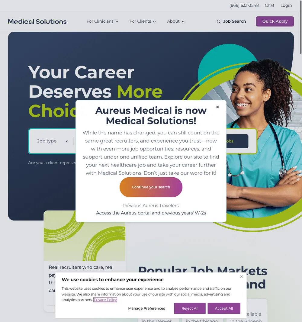 Medical Solutions job board platform screenshot showing job search interface