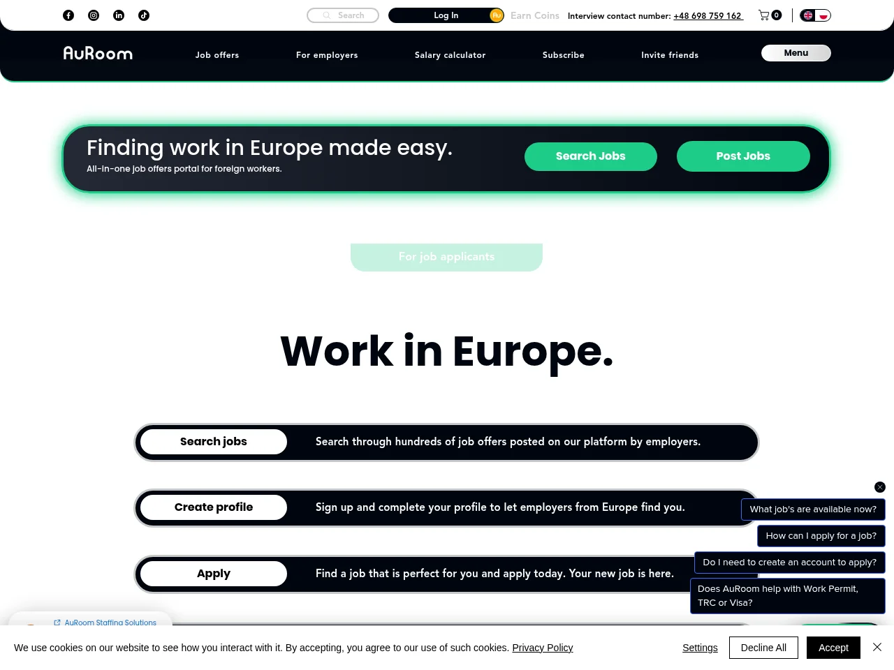 AuRoom job board platform screenshot showing job search interface