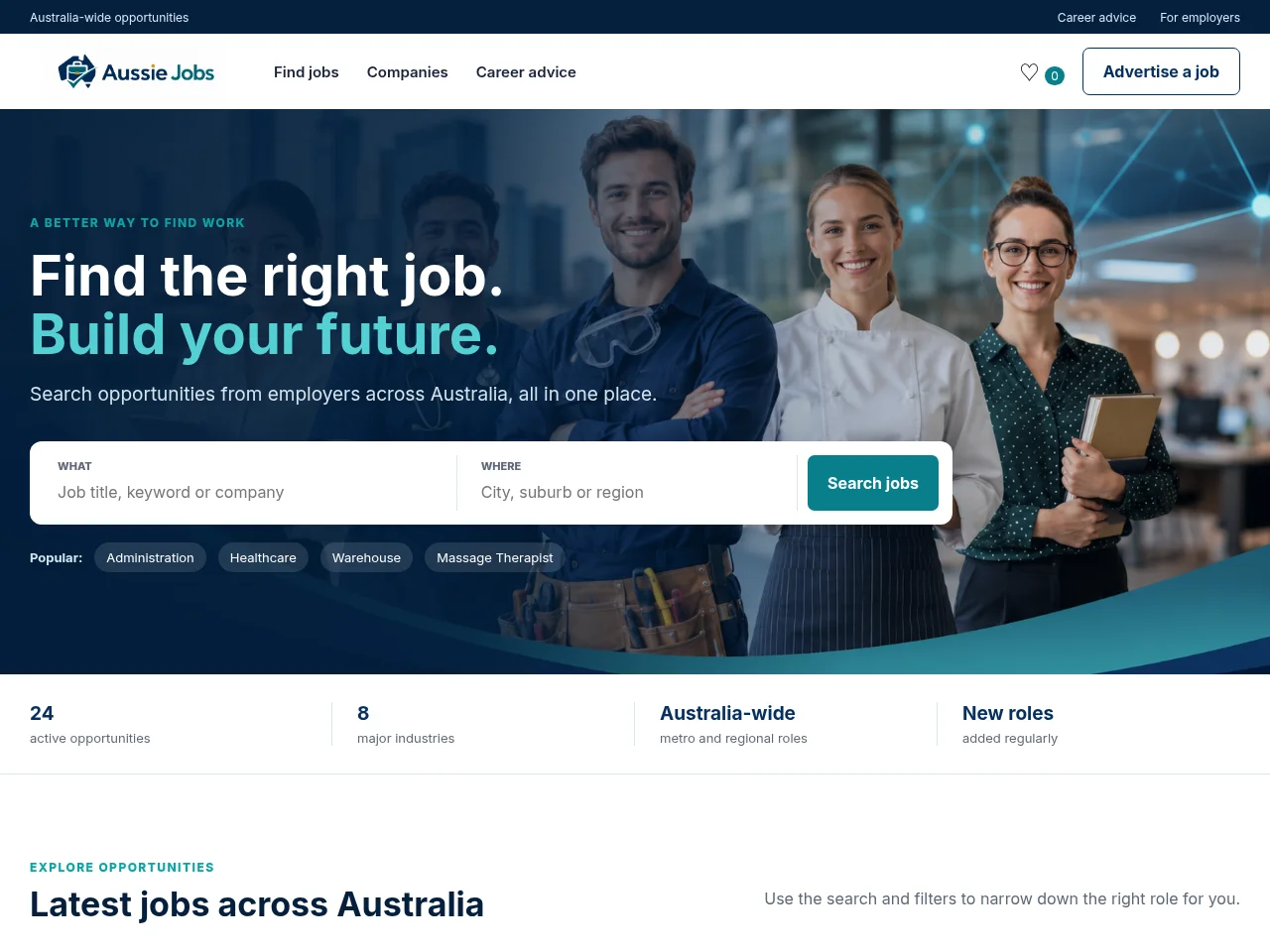 Aussie Jobs job board platform screenshot showing job search interface