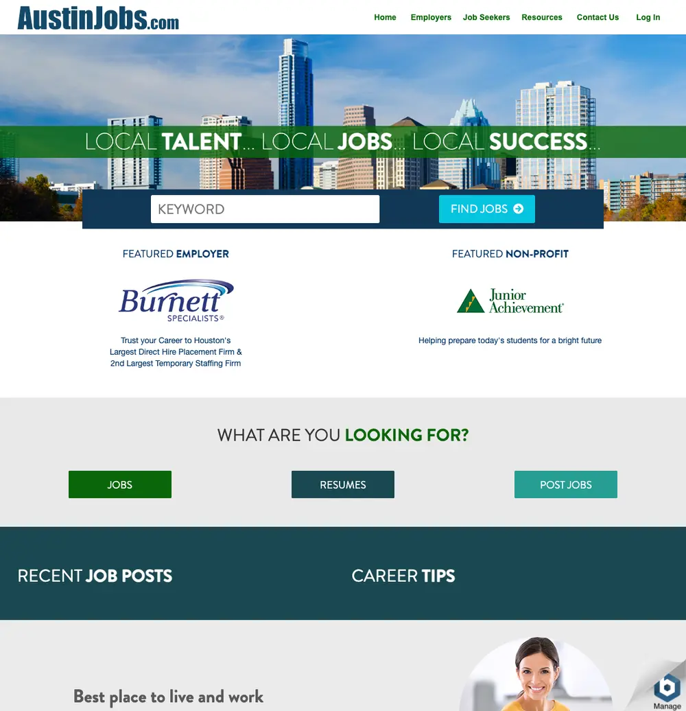 Austin Jobs job board platform screenshot showing job search interface