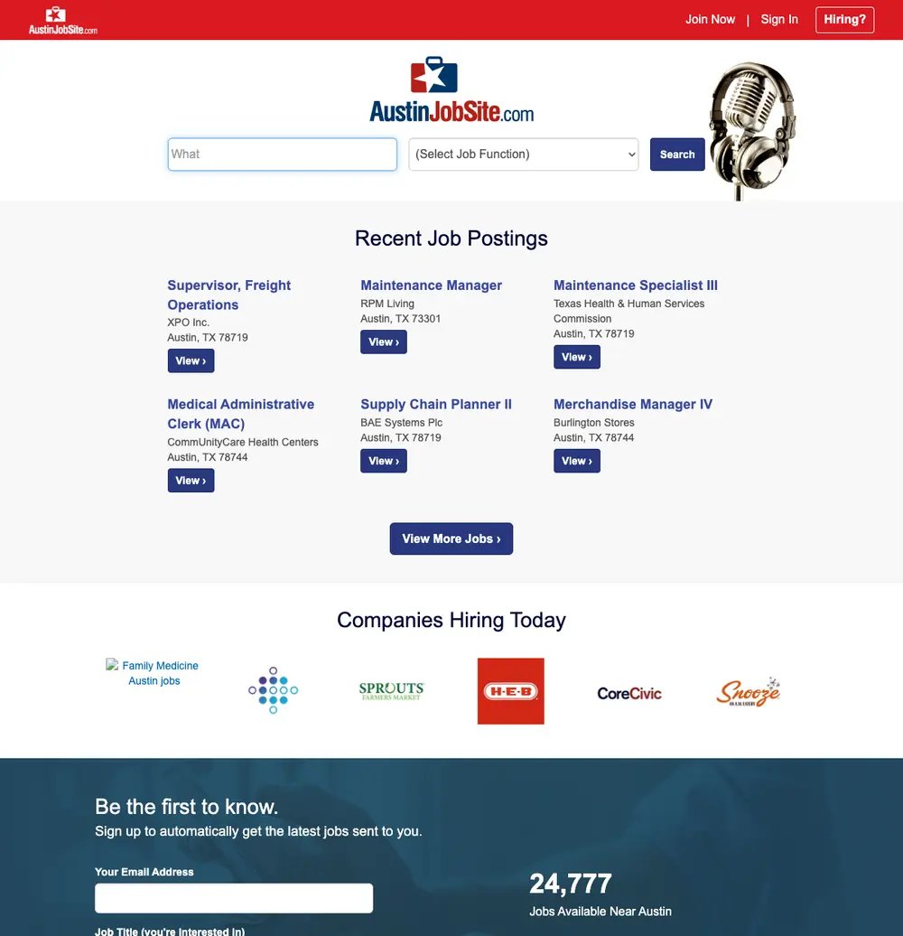 AustinJobSite job board platform screenshot showing job search interface