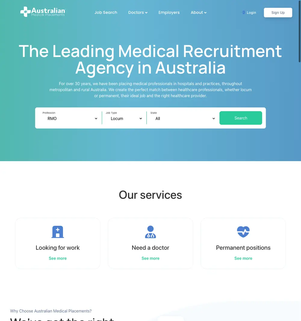 Australian Medical Placements screenshot Australian Medical Placements job board platform screenshot showing job search interface