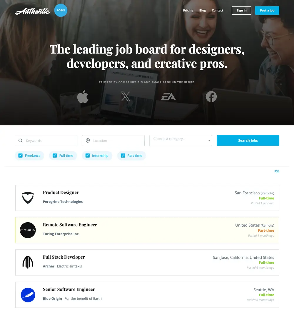 Authentic Jobs job board platform screenshot showing job search interface