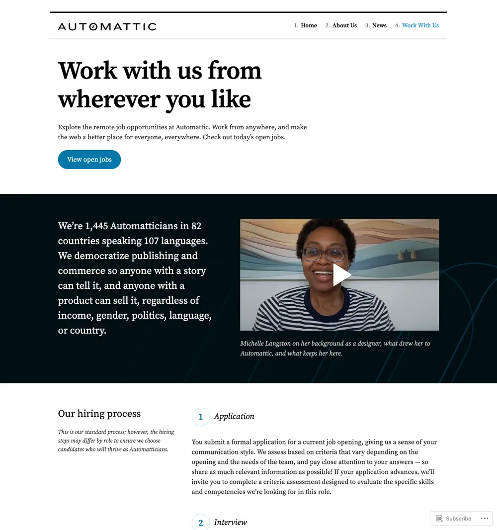 Automattic Careers job board platform screenshot showing job search interface