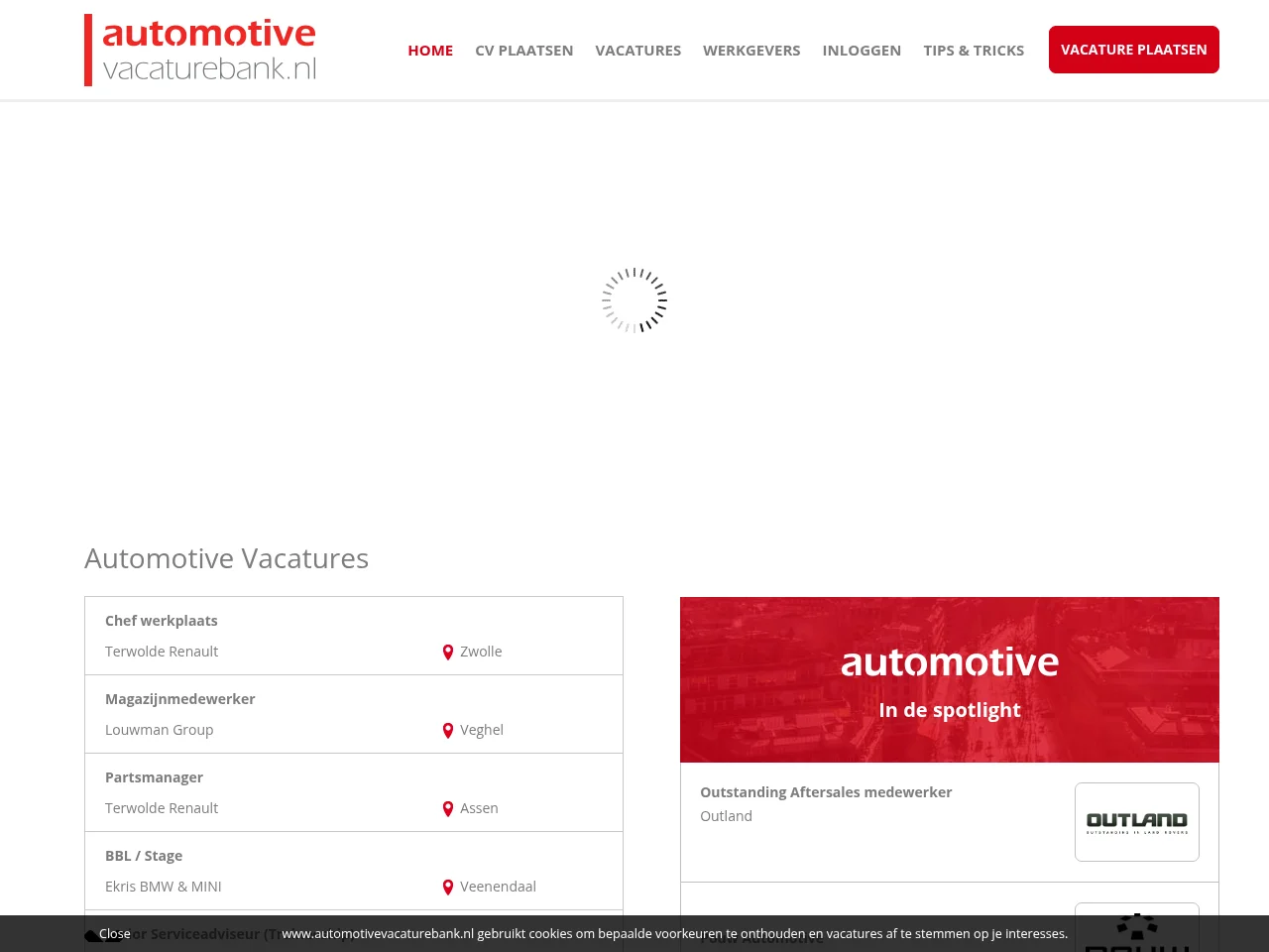 Automotive Vacaturebank job board platform screenshot showing job search interface