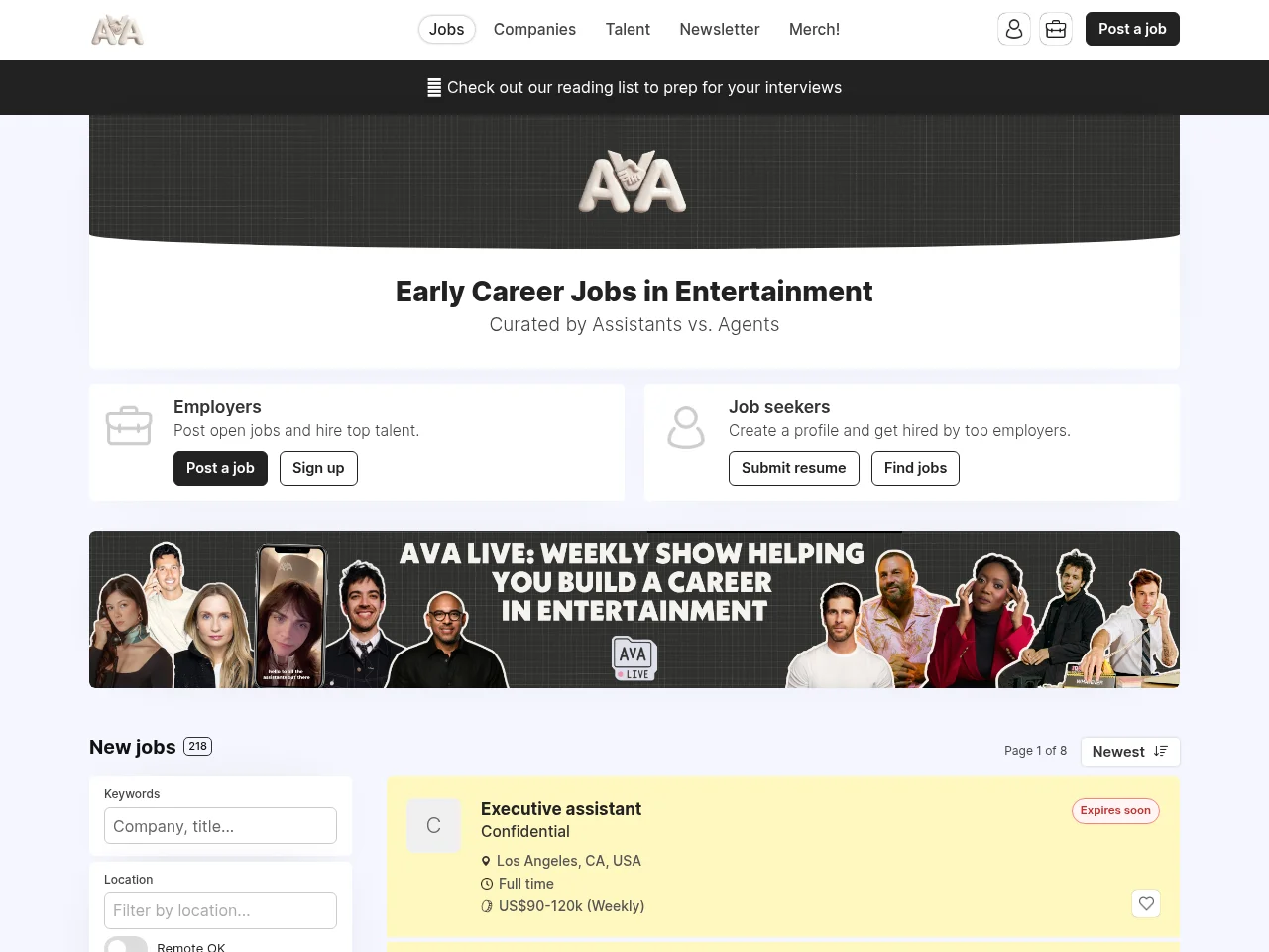 AvA Job Board job board platform screenshot showing job search interface