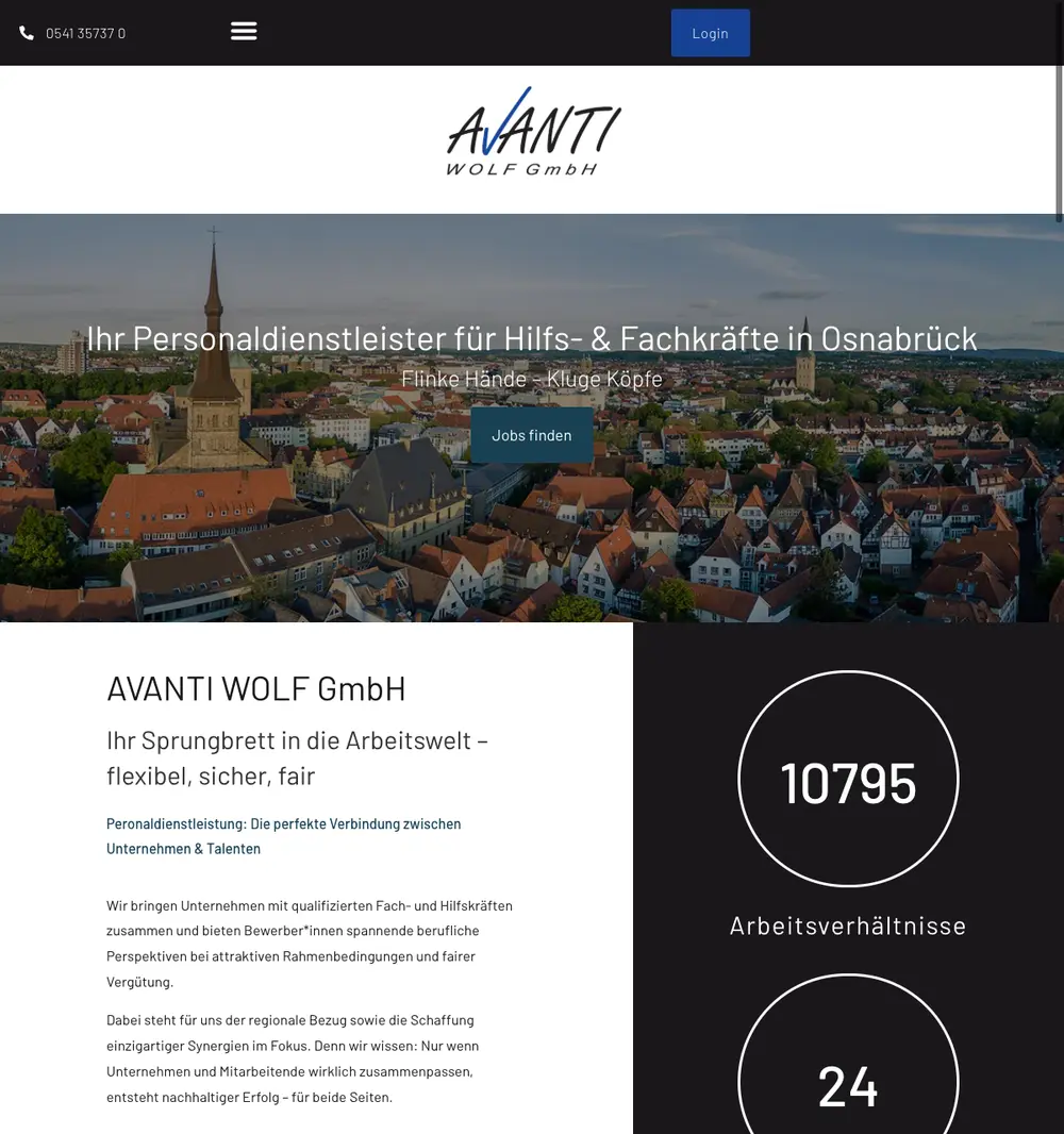 AVANTI WOLF GmbH job board platform screenshot showing job search interface
