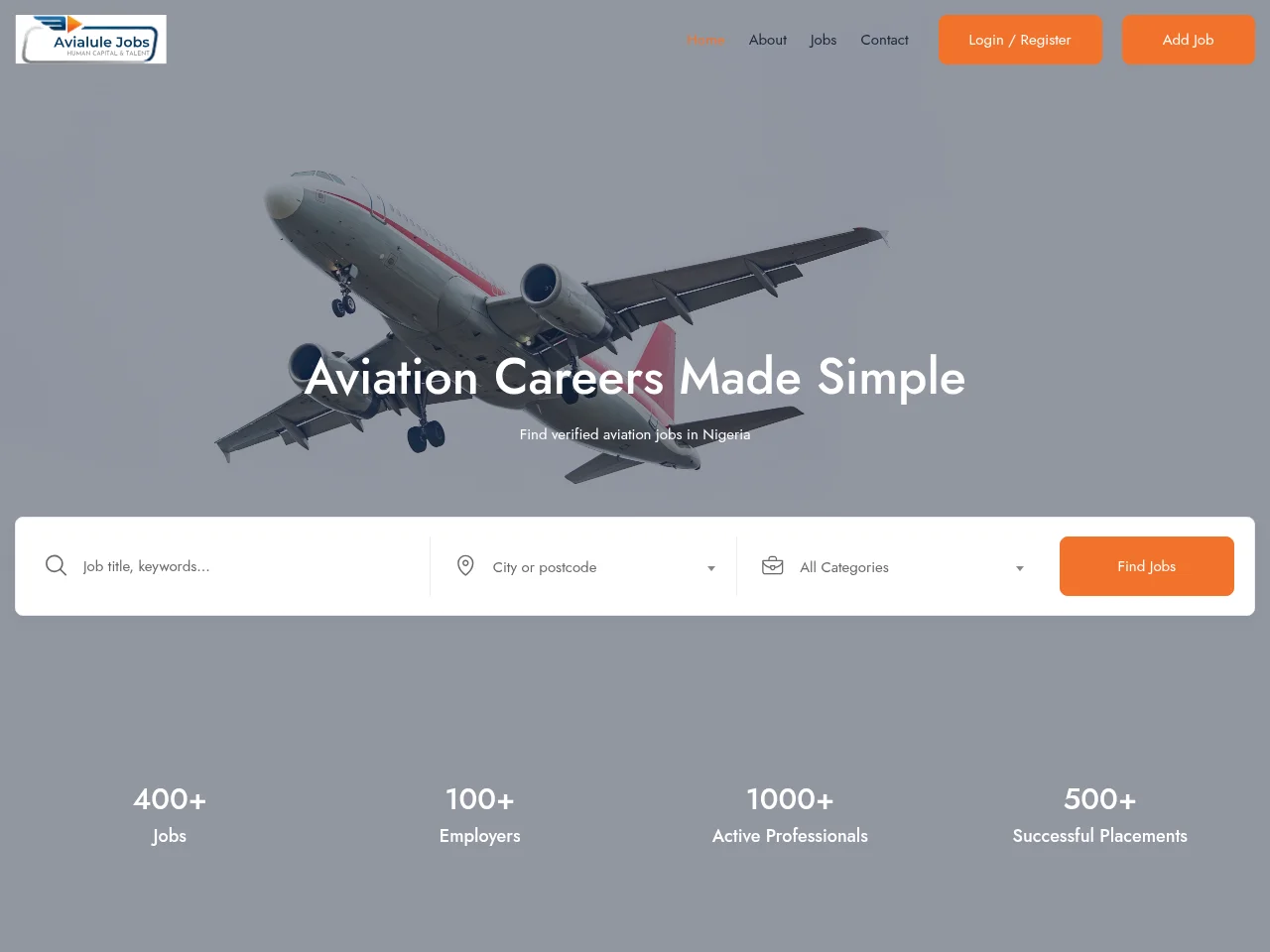 Avialule Jobs job board platform screenshot showing job search interface