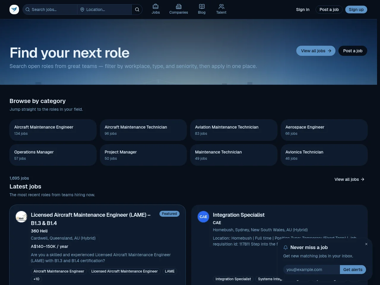 Aviation Careers website screenshot