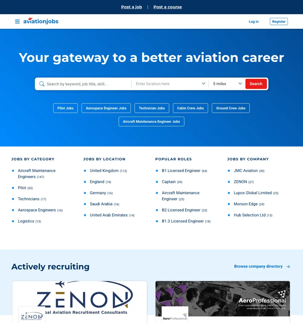 Aviation Job Search job board platform screenshot showing job search interface
