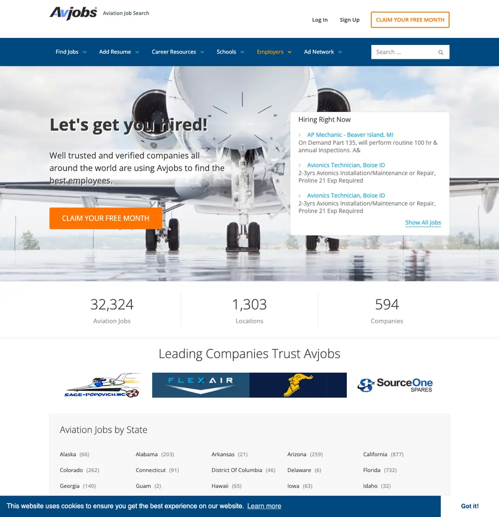 Avjobs job board platform screenshot showing job search interface