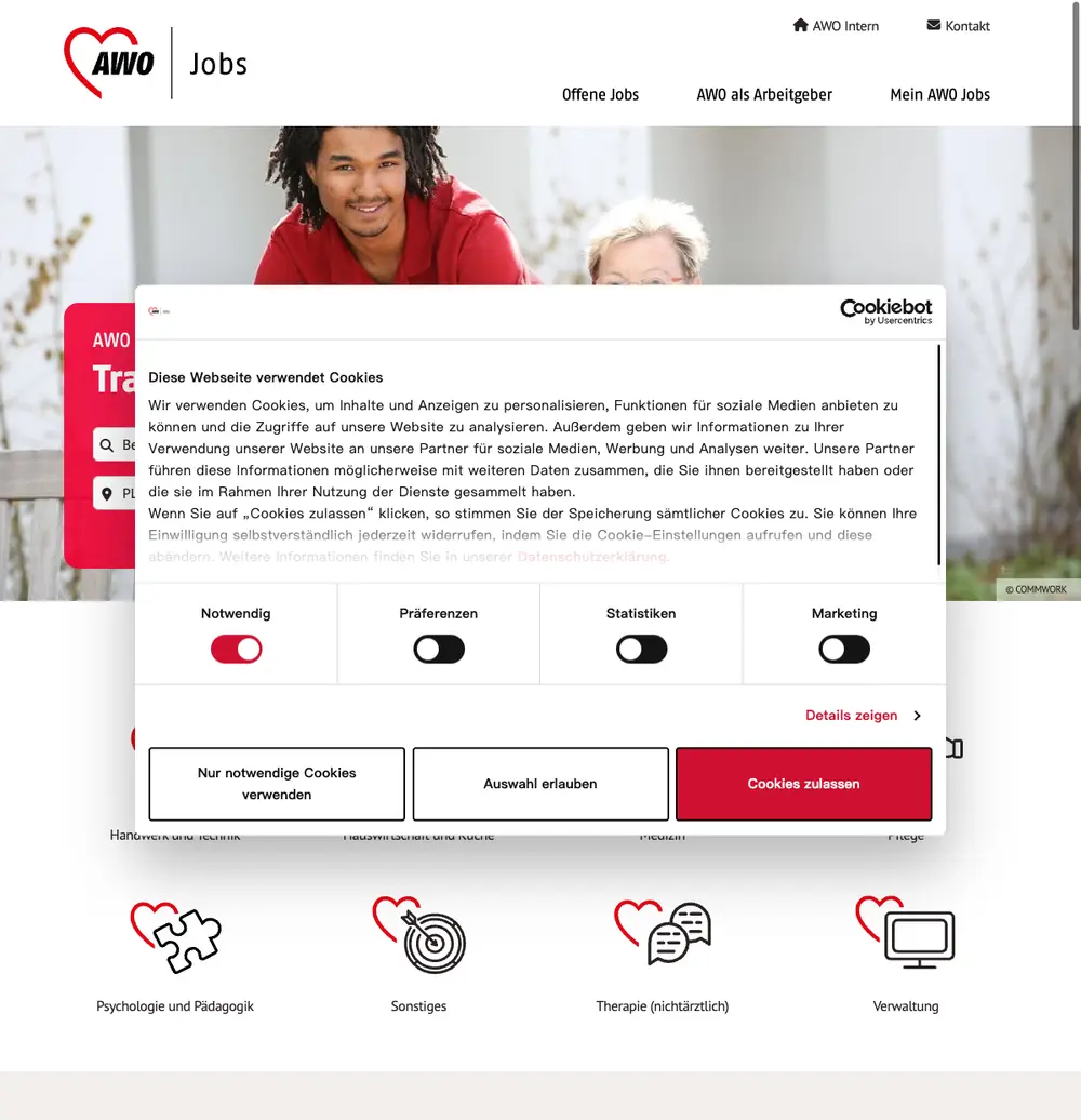 AWO Jobs job board platform screenshot showing job search interface
