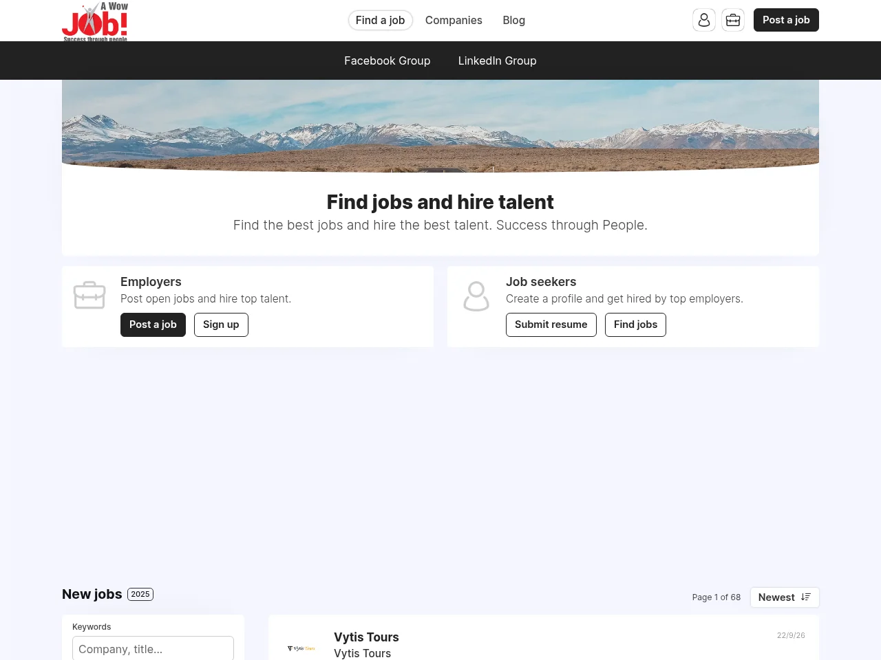 awowjob.com job board platform screenshot showing job search interface