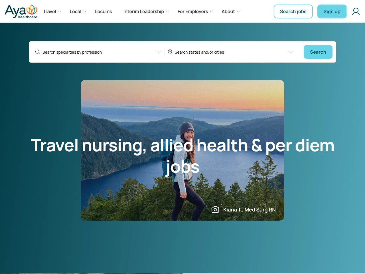 Aya Healthcare job board platform screenshot showing job search interface