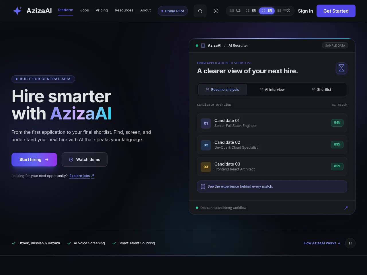 AzizaAI job board platform screenshot showing job search interface