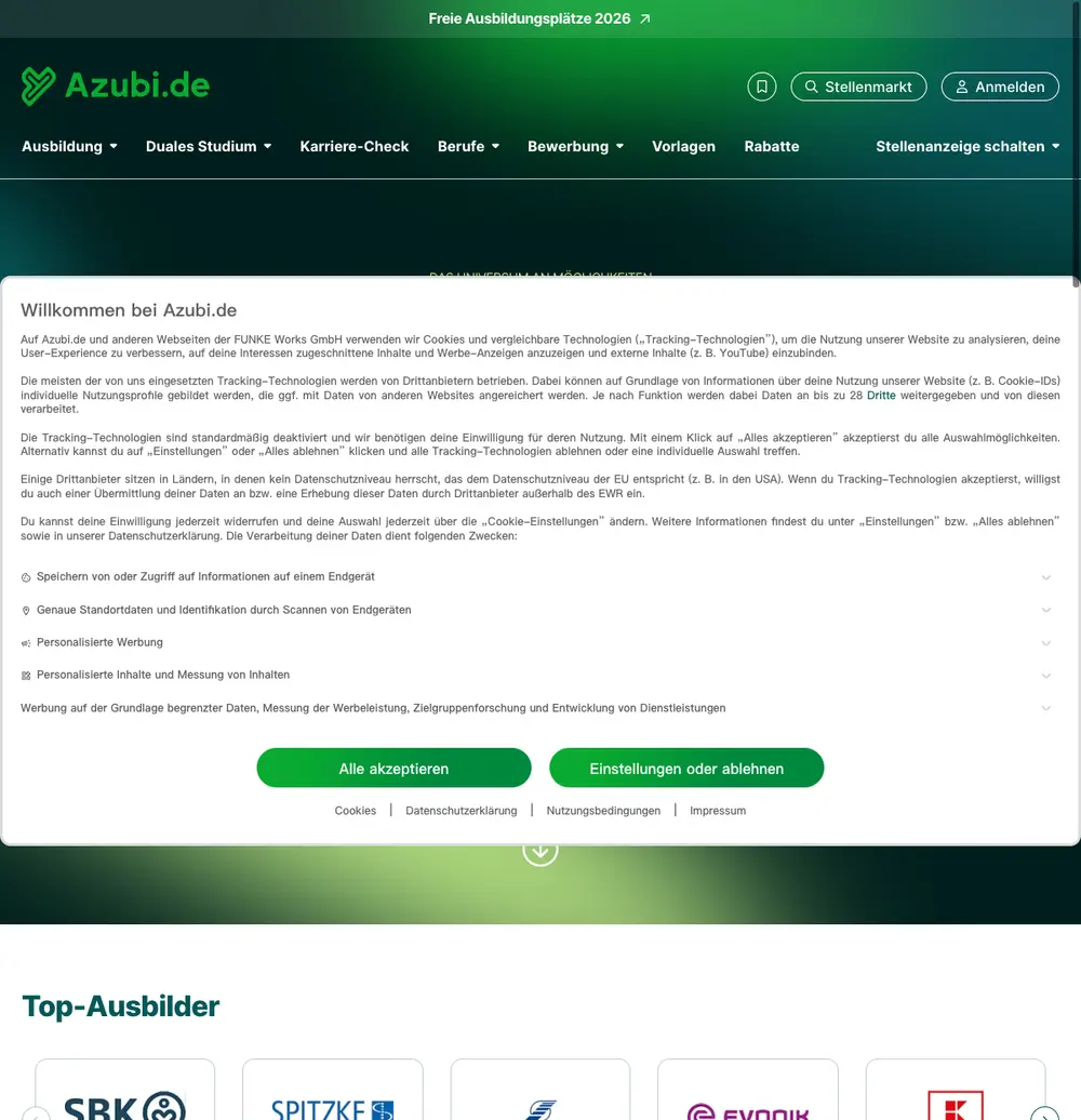 Azubi.de job board platform screenshot showing job search interface
