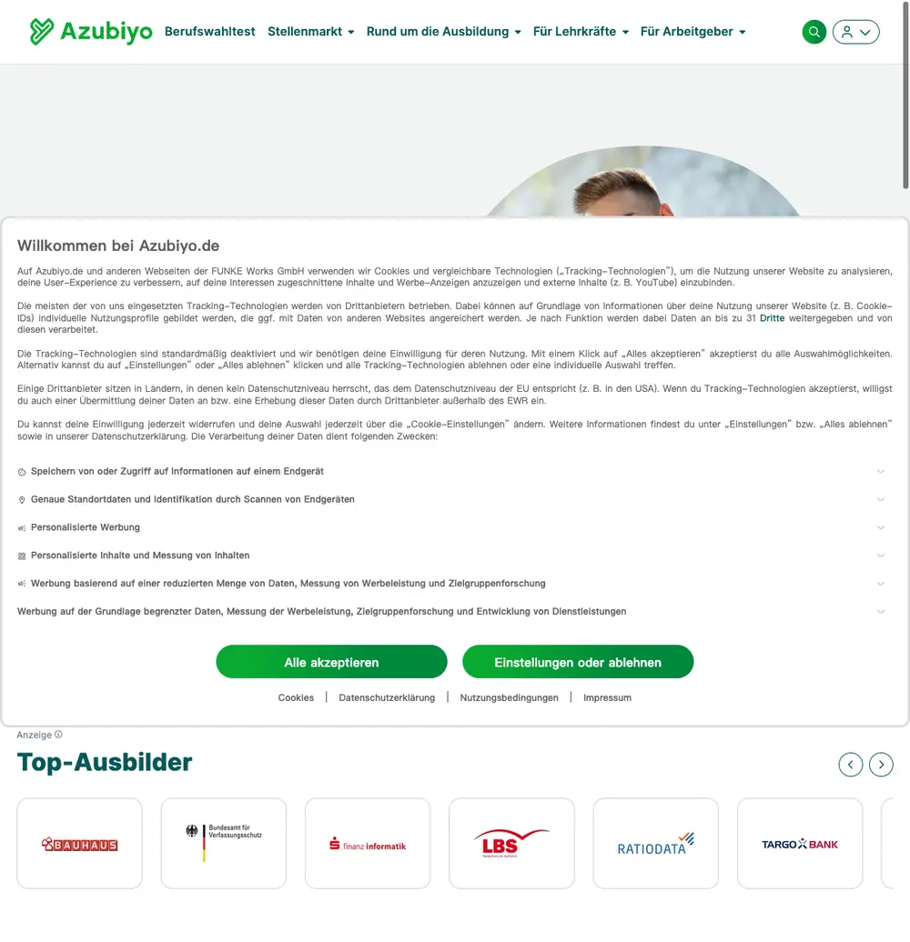 Azubiyo job board platform screenshot showing job search interface