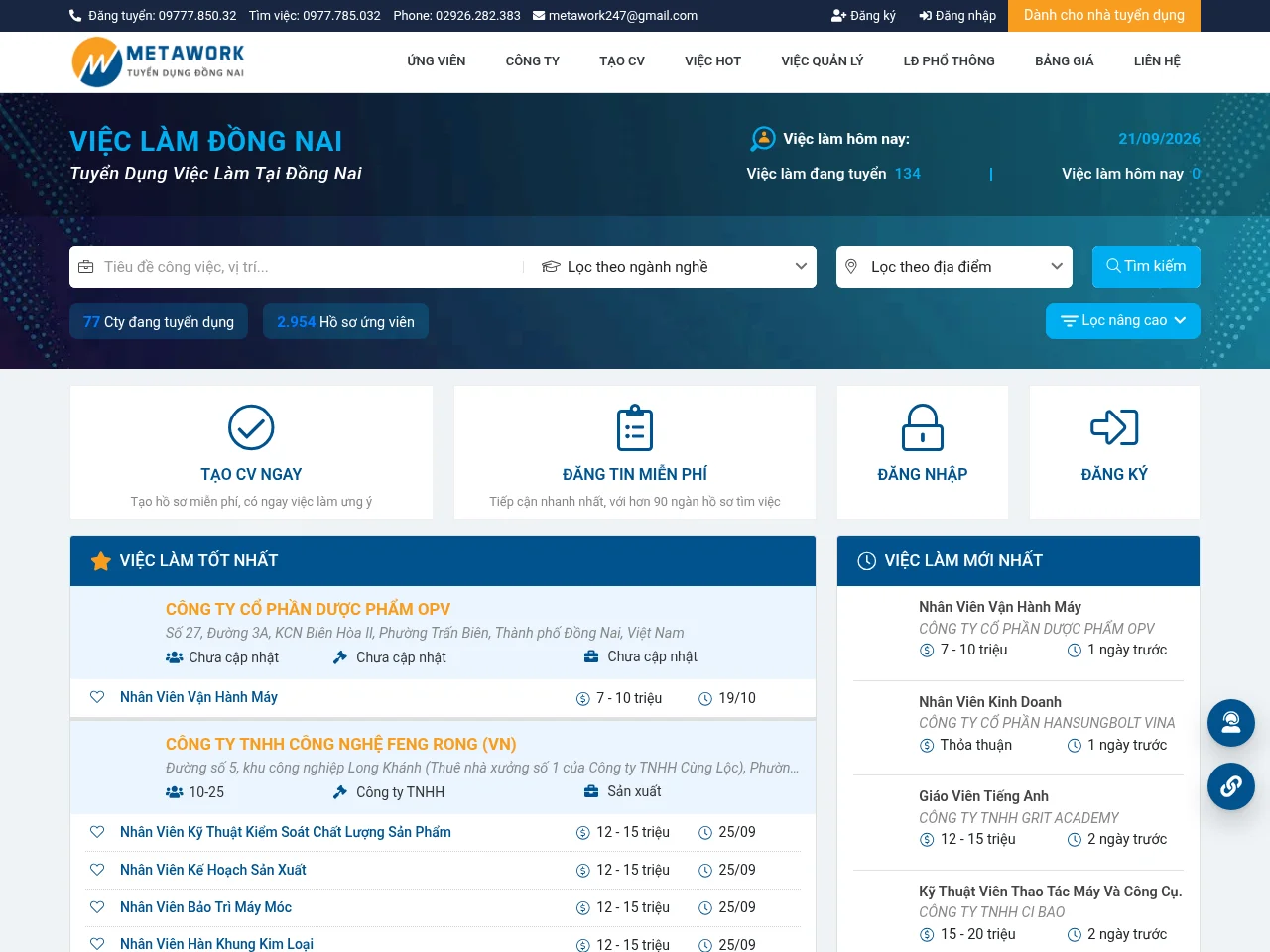 Việc Làm Đồng Nai job board platform screenshot showing job search interface