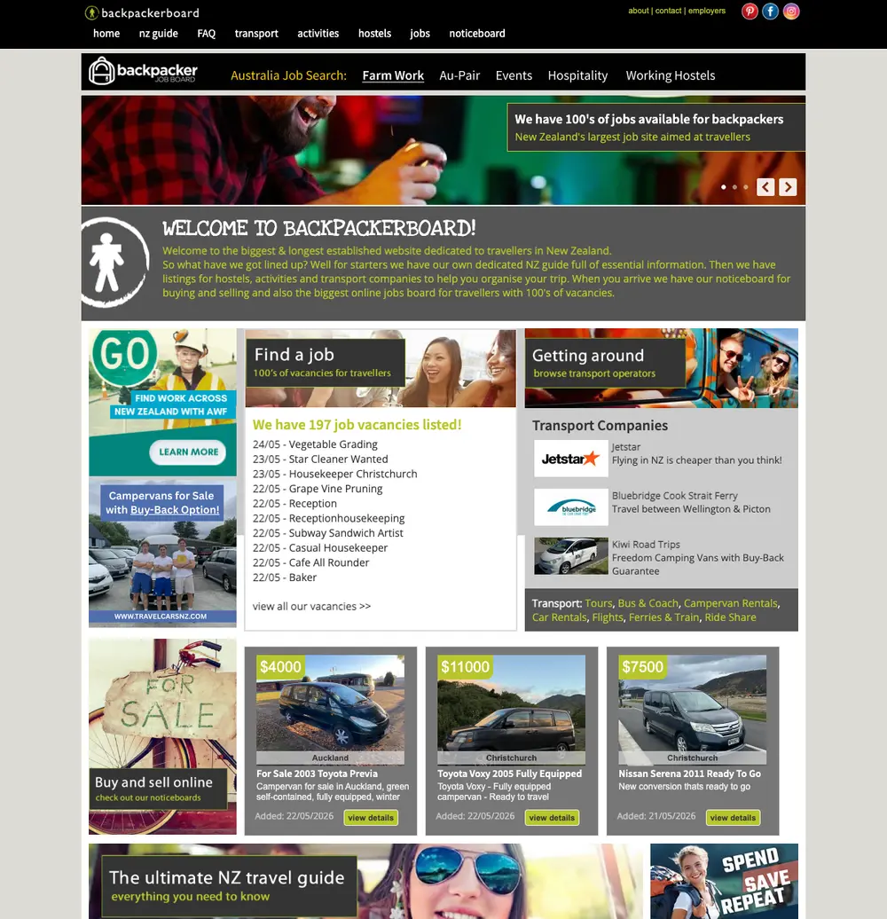Backpacker Board job board platform screenshot showing job search interface