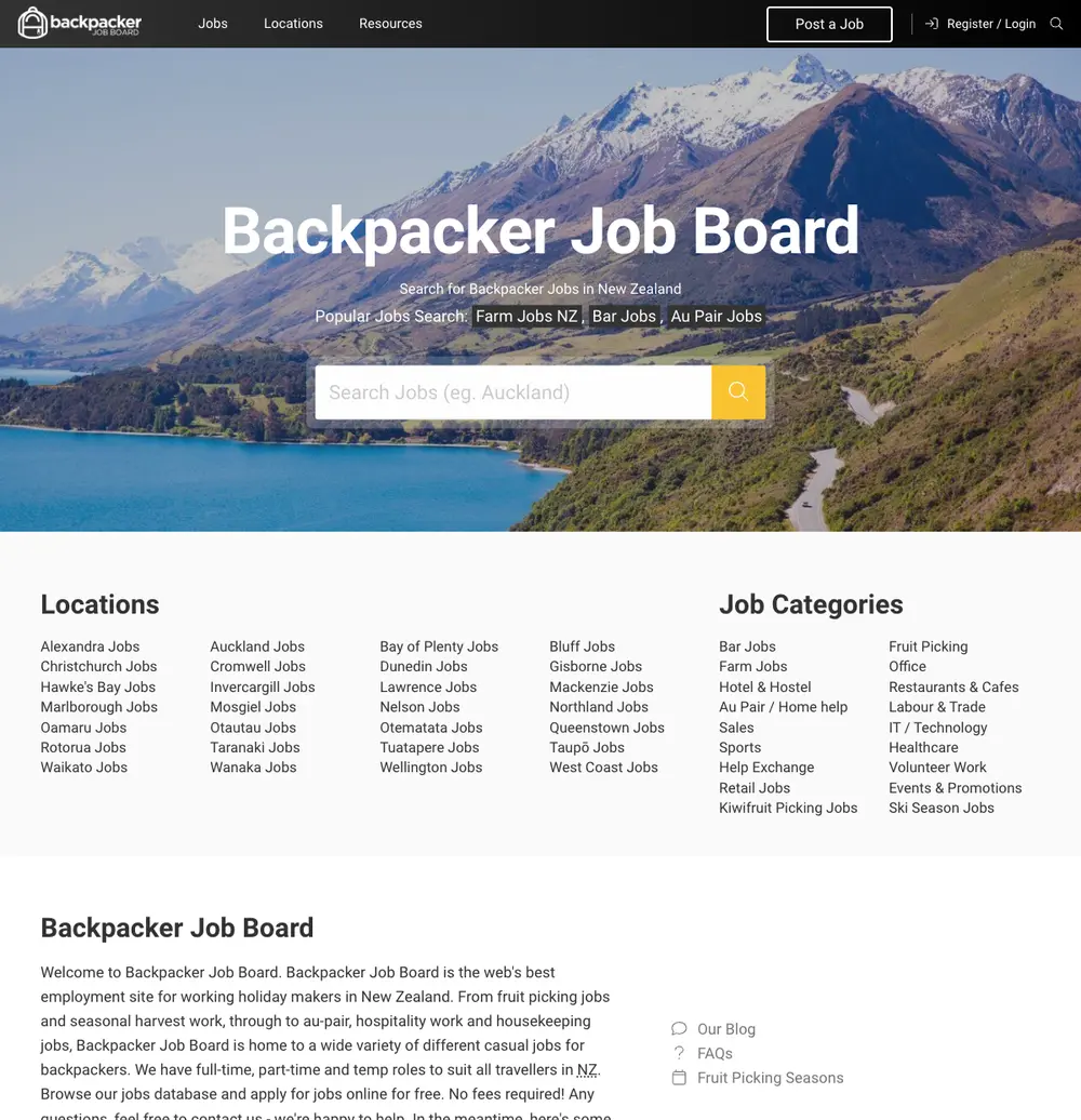 Backpacker Job Board NZ job board platform screenshot showing job search interface