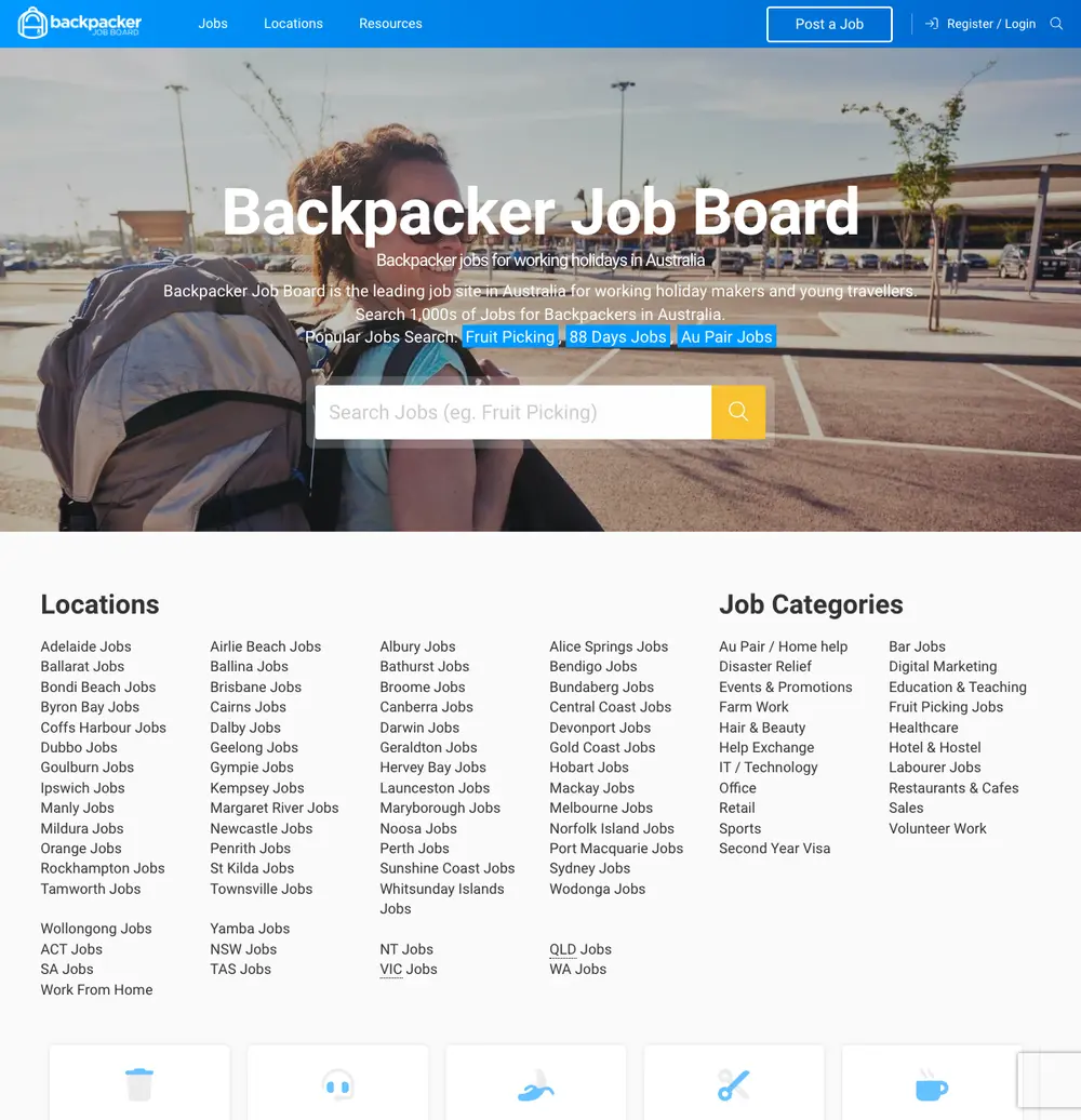 Backpacker Job Board job board platform screenshot showing job search interface