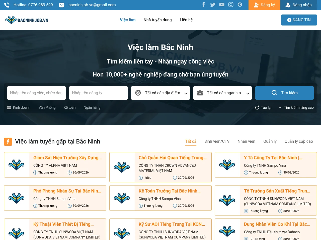 Bacninhjob.vn job board platform screenshot showing job search interface