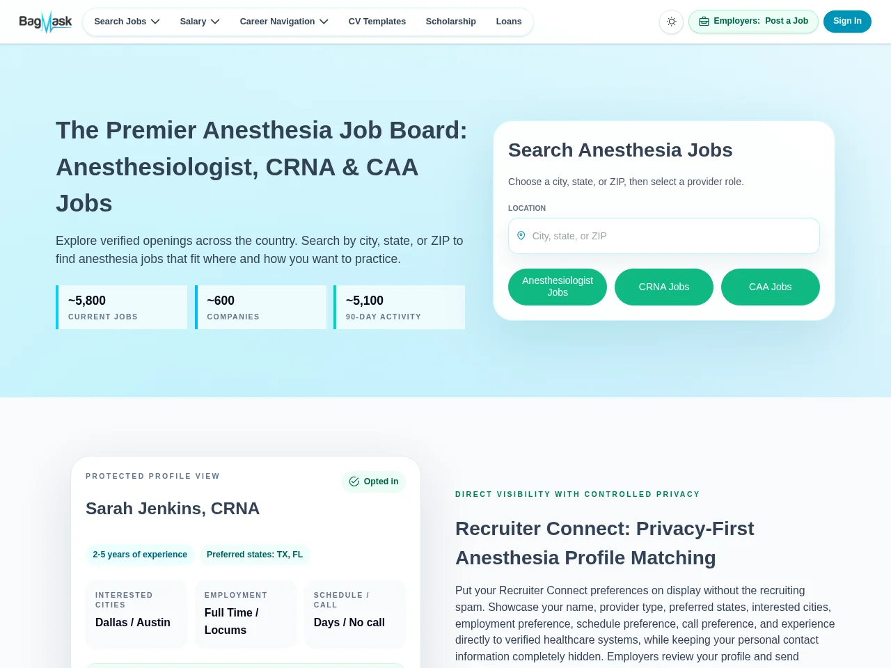 BagMask job board platform screenshot showing job search interface