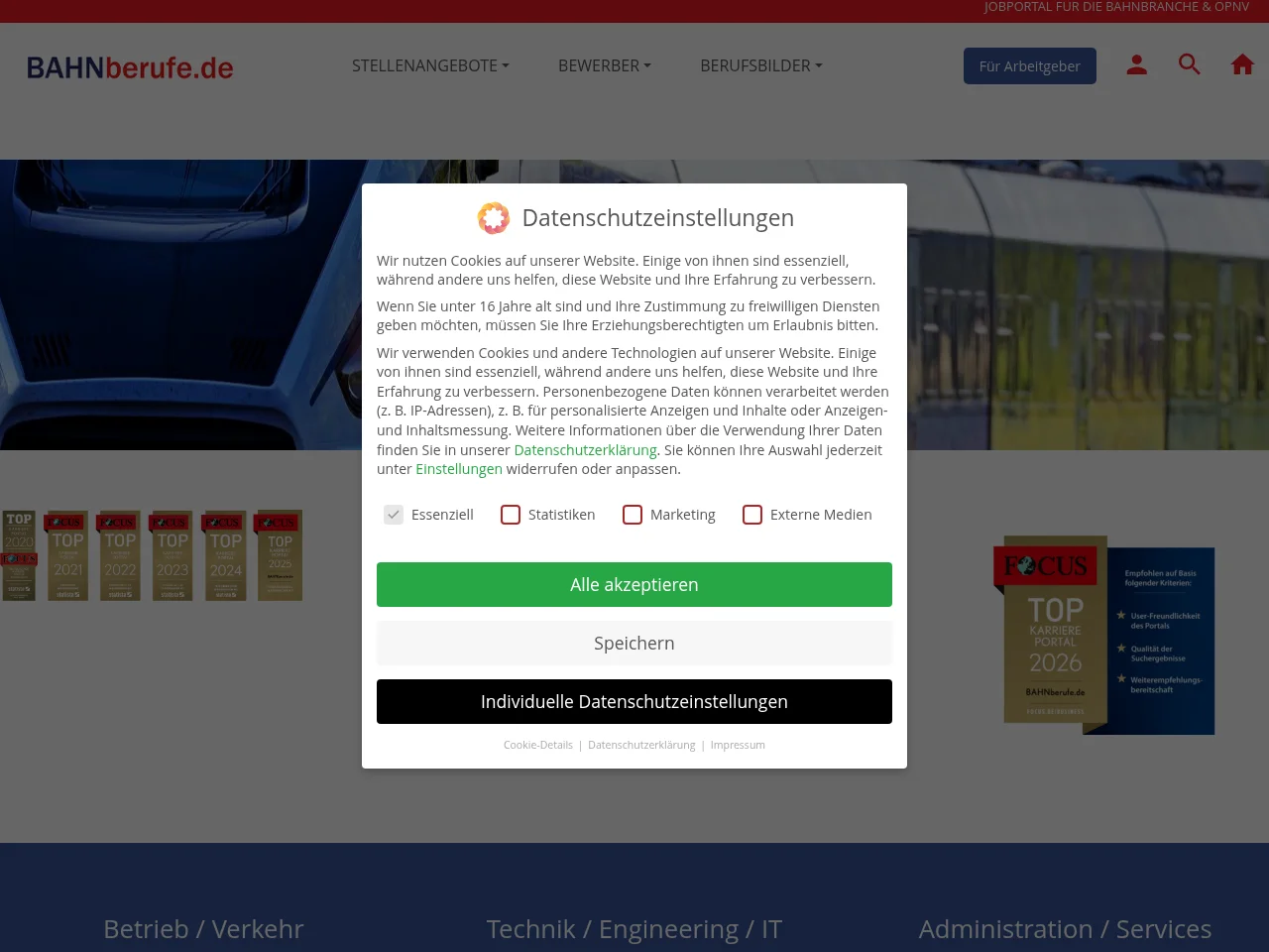 Bahnberufe.de job board platform screenshot showing job search interface
