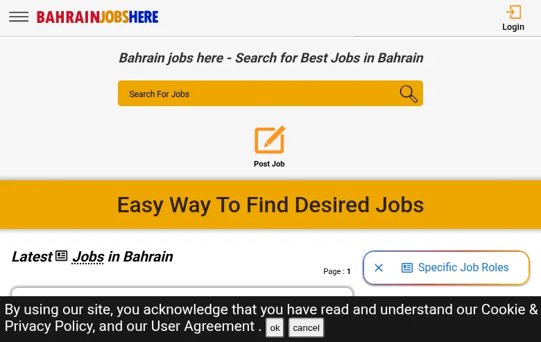 Bahrain Jobs Here job board platform screenshot showing job search interface