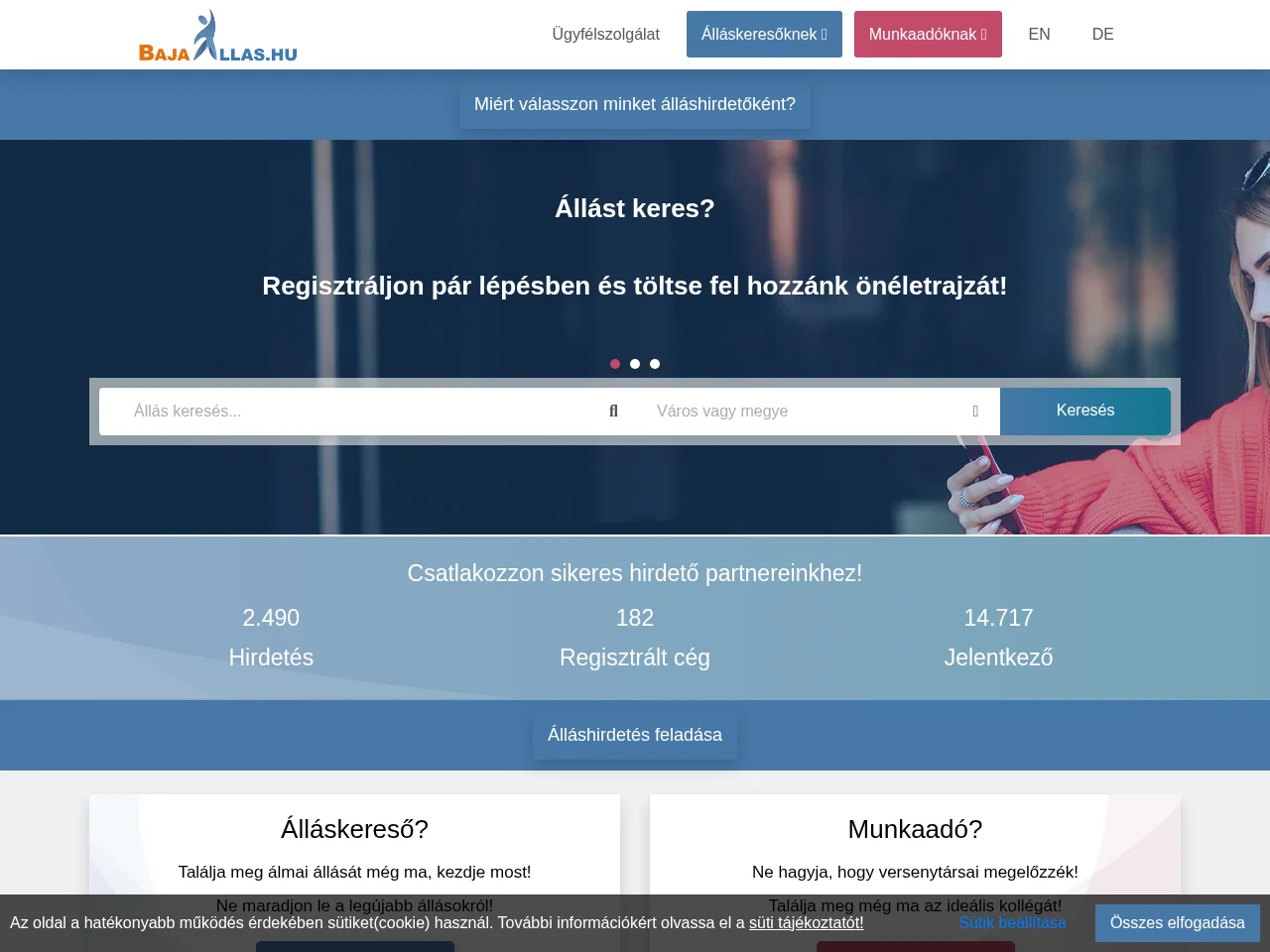 BajaAllas.hu job board platform screenshot showing job search interface