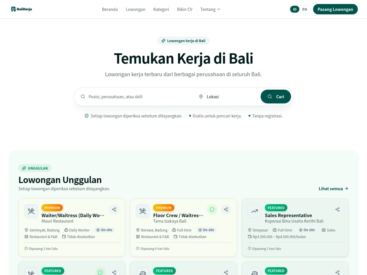BaliKerja job board platform screenshot showing job search interface