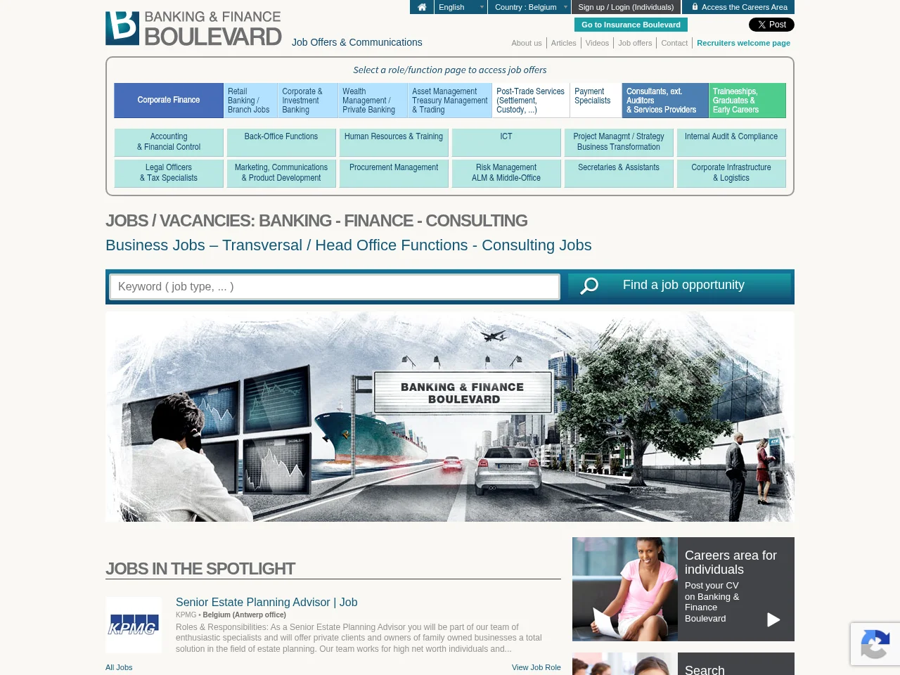 Banking & Finance Boulevard job board platform screenshot showing job search interface