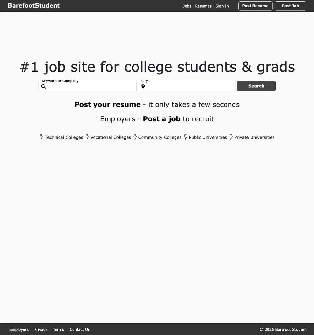 Barefoot Student job board platform screenshot showing job search interface