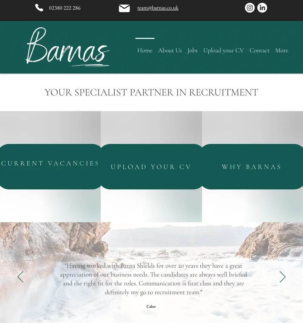 Barnas Recruitment job board platform screenshot showing job search interface