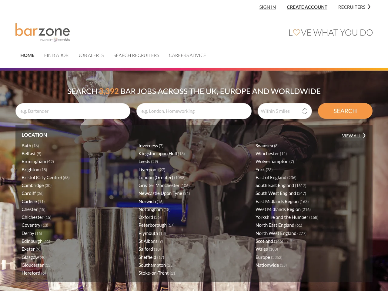 BarZone job board platform screenshot showing job search interface