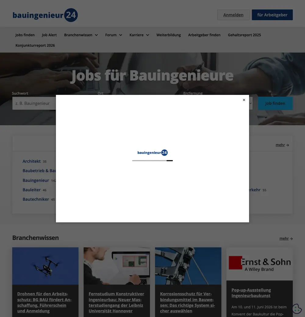 bauingenieur24.de job board platform screenshot showing job search interface
