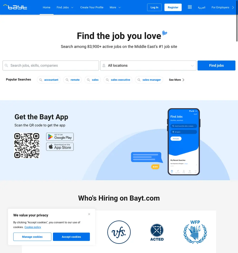 Bayt.com job board platform screenshot showing job search interface