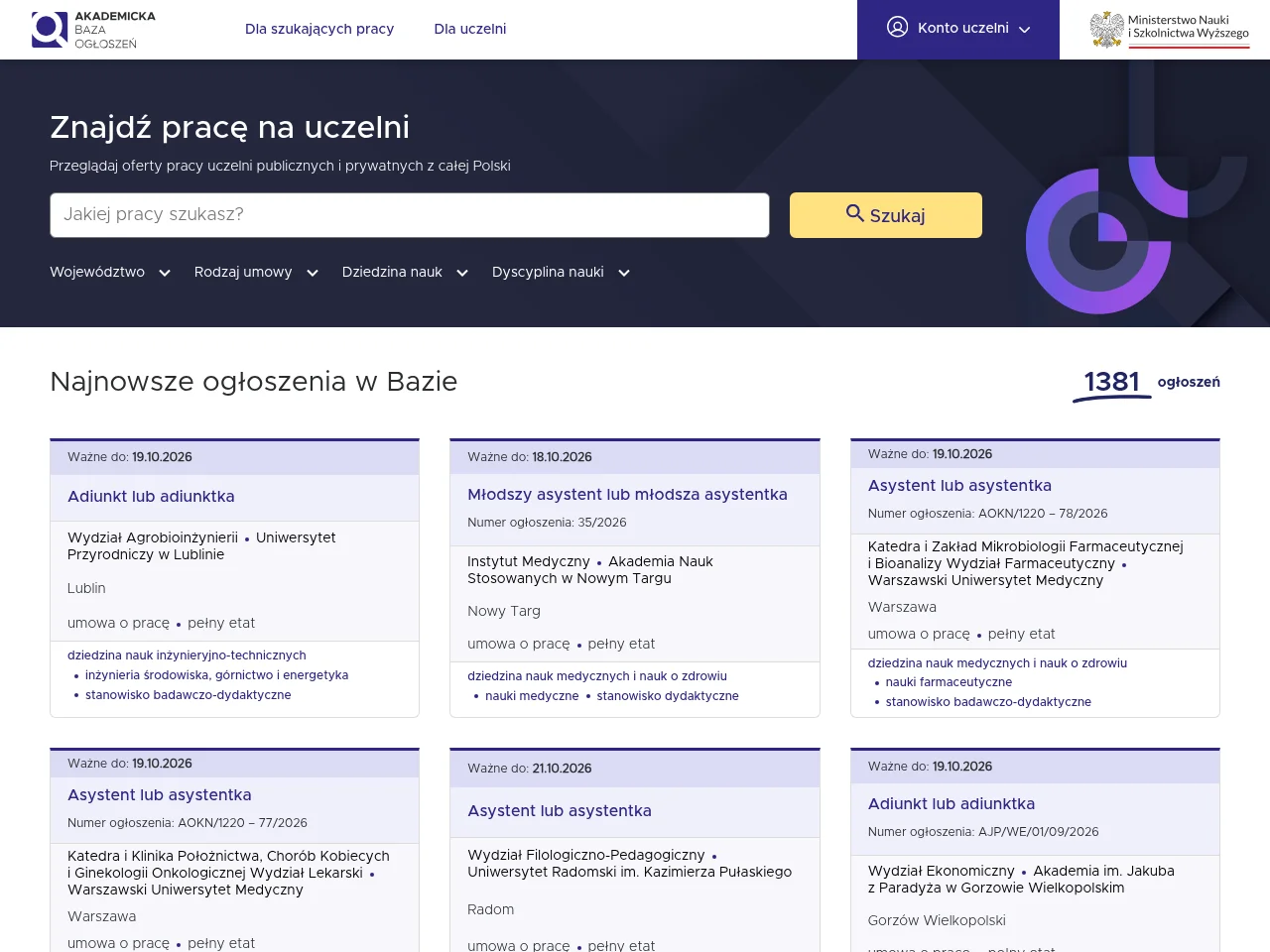 Akademicka Baza Ogłoszeń job board platform screenshot showing job search interface