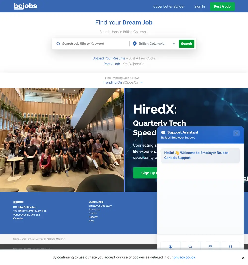 BCjobs.ca job board platform screenshot showing job search interface