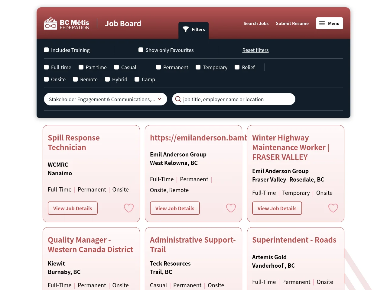 BC Metis Work screenshot BC Metis Work job board platform screenshot showing job search interface