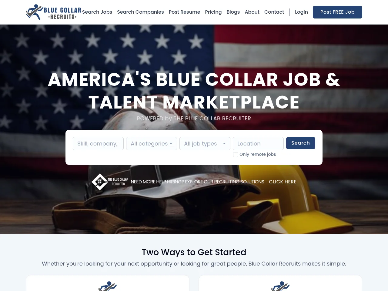 Blue Collar Recruits job board platform screenshot showing job search interface