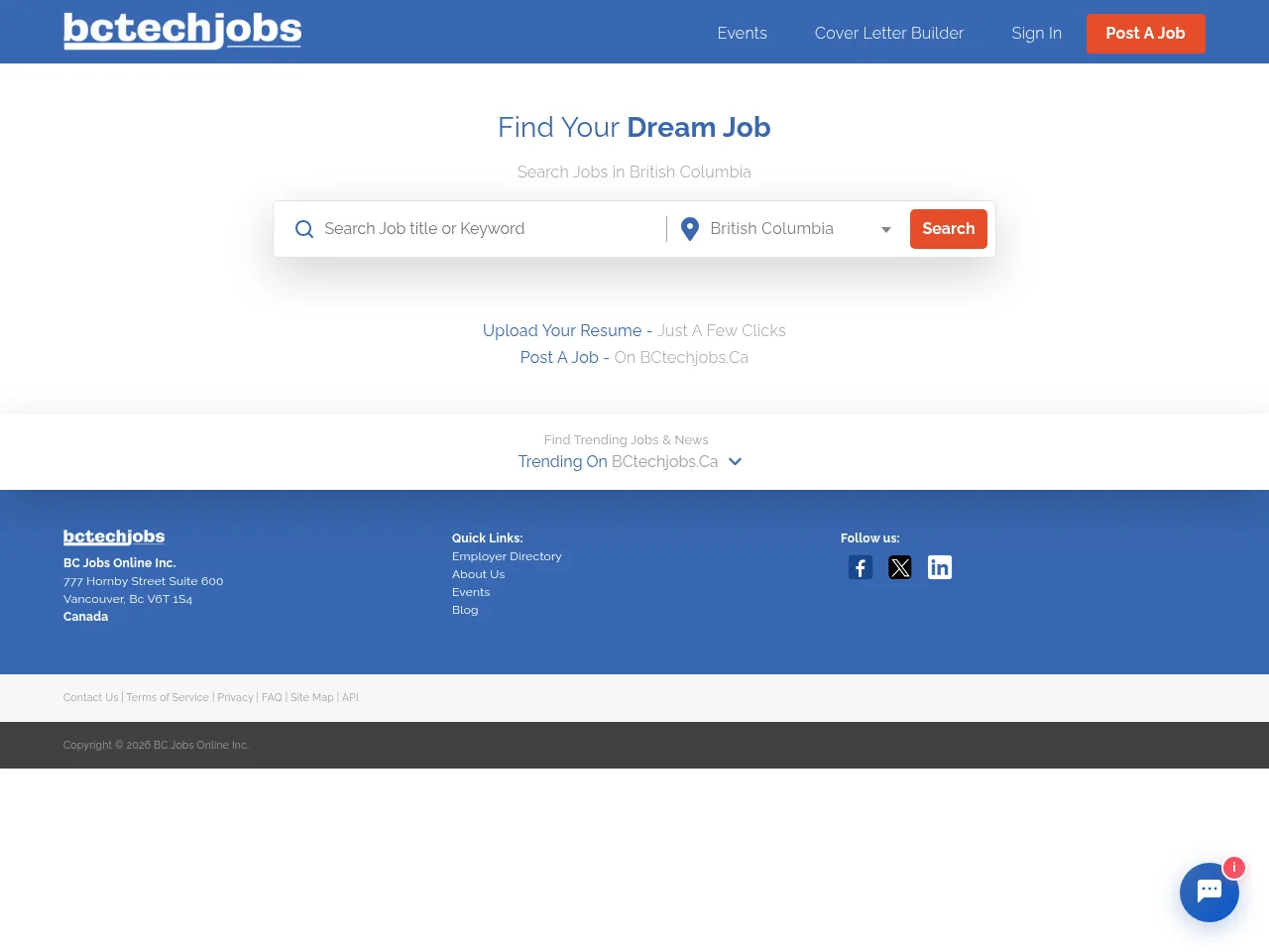 BCtechjobs.ca job board platform screenshot showing job search interface