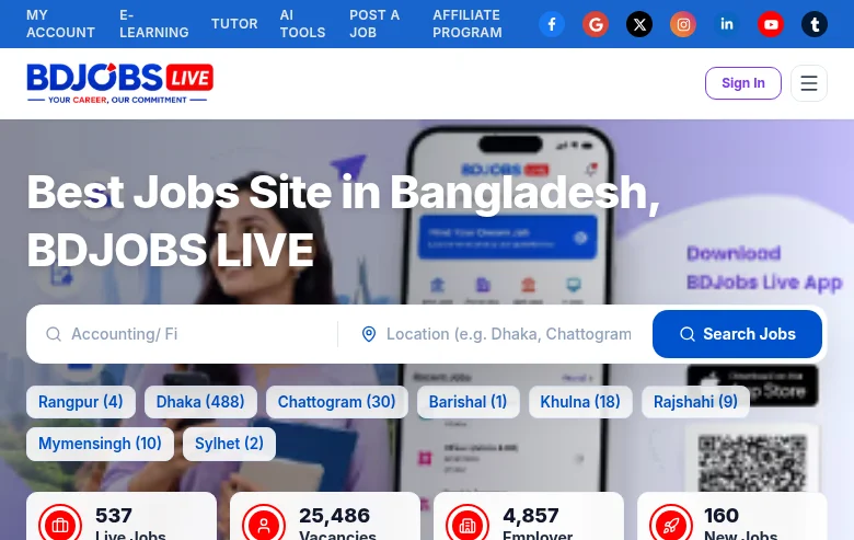 BDJobs Live job board platform screenshot showing job search interface