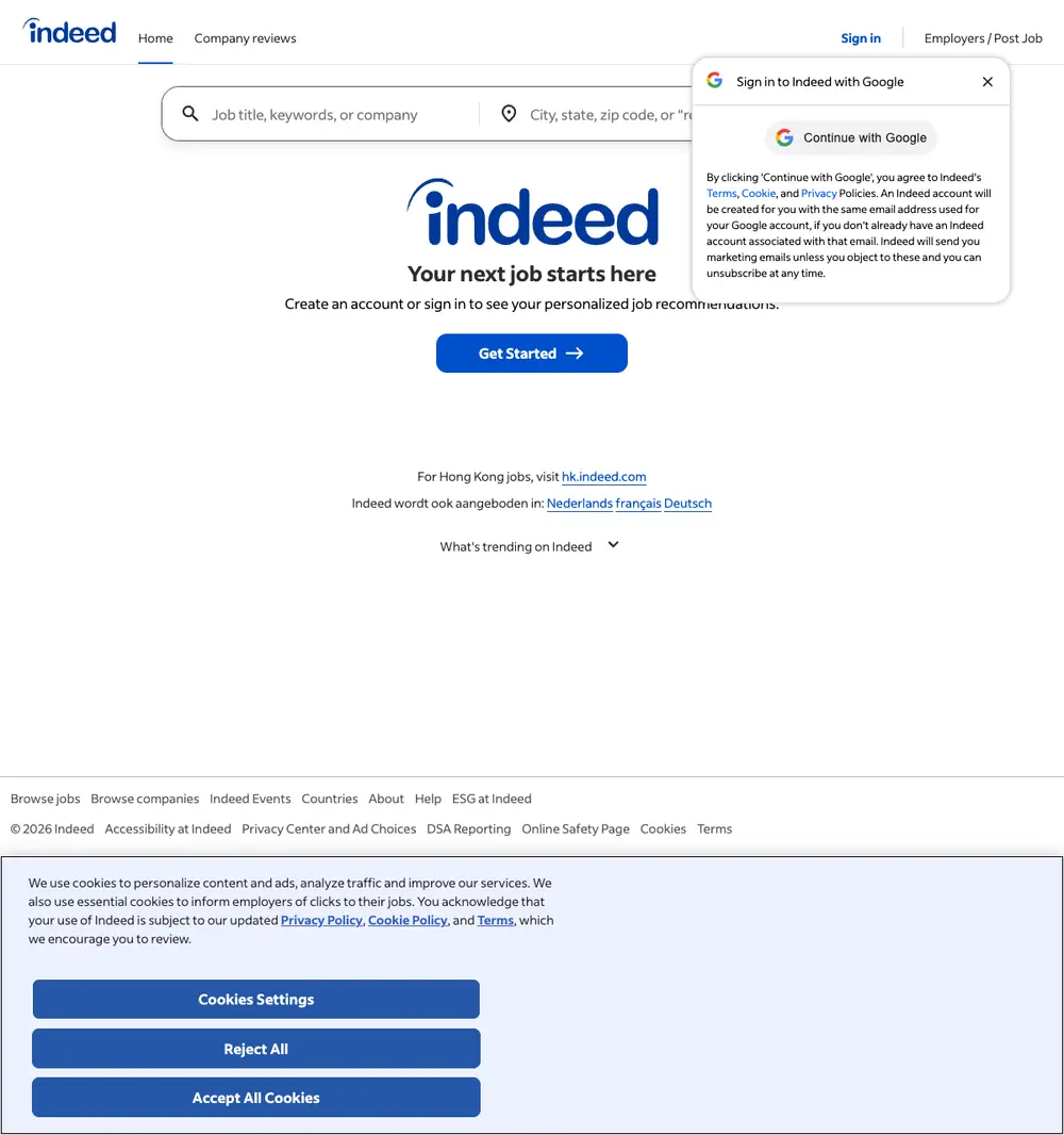 Indeed job board platform screenshot showing job search interface