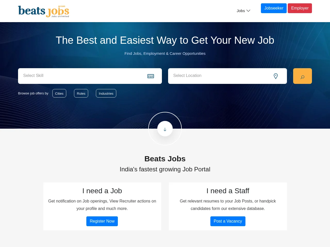 Beats Jobs job board platform screenshot showing job search interface
