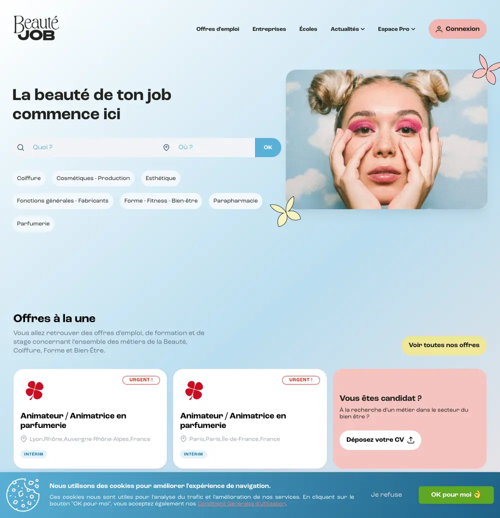 Beauté-Job job board platform screenshot showing job search interface