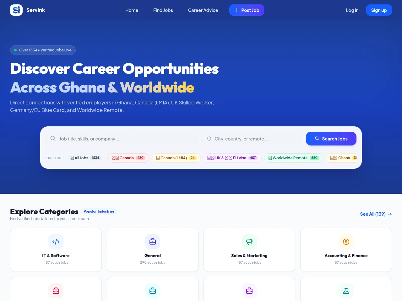 ServInk job board platform screenshot showing job search interface