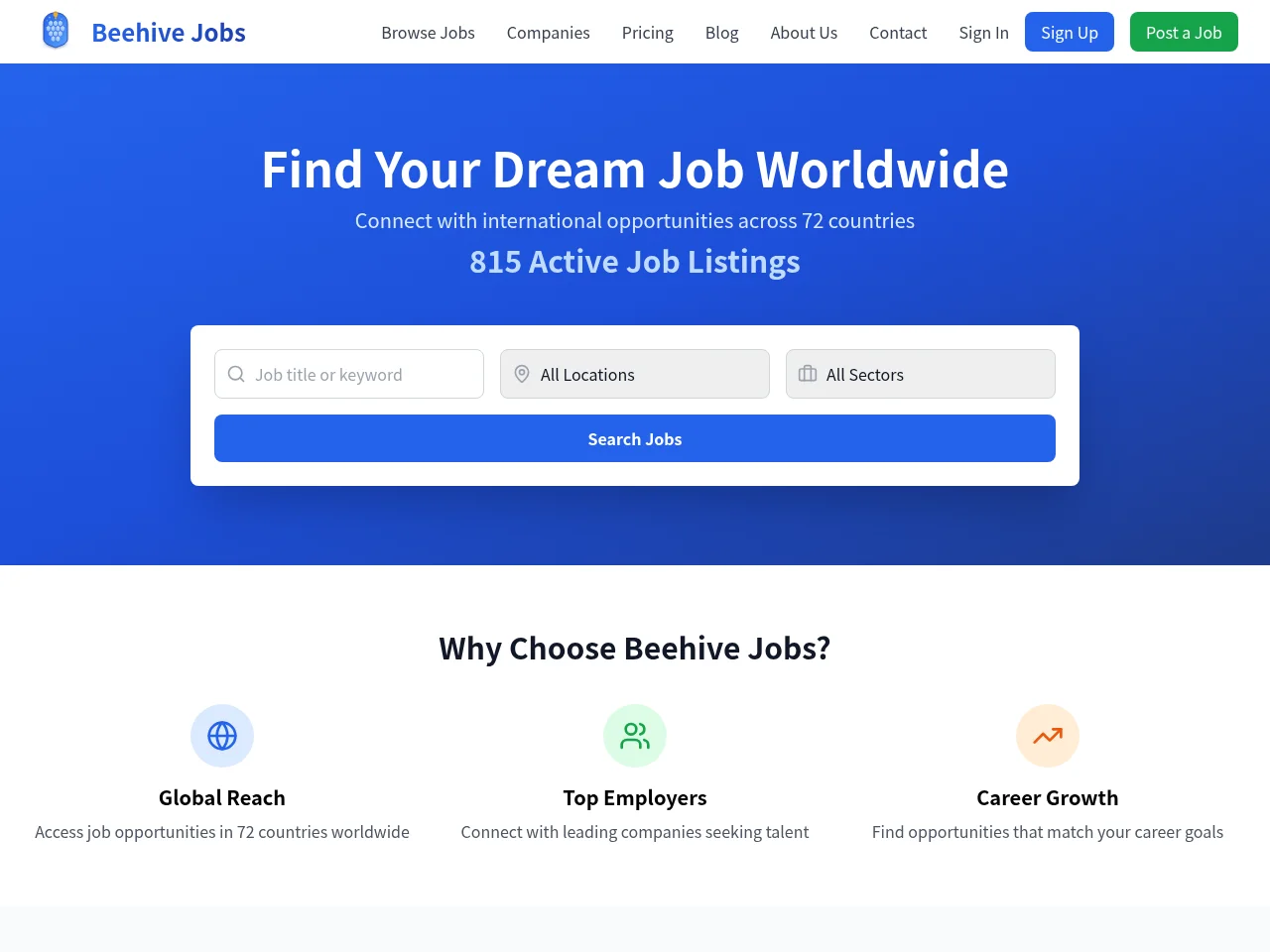 Beehive Jobs screenshot Beehive Jobs job board platform screenshot showing job search interface